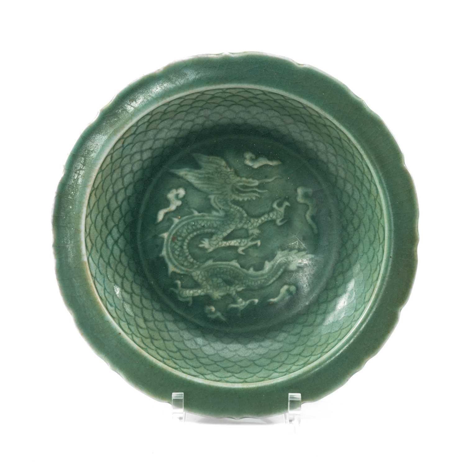 CHINESE CELADON DISH, 20th Century, Longquan Ming-style, centre with moulded 3-clawed dragon