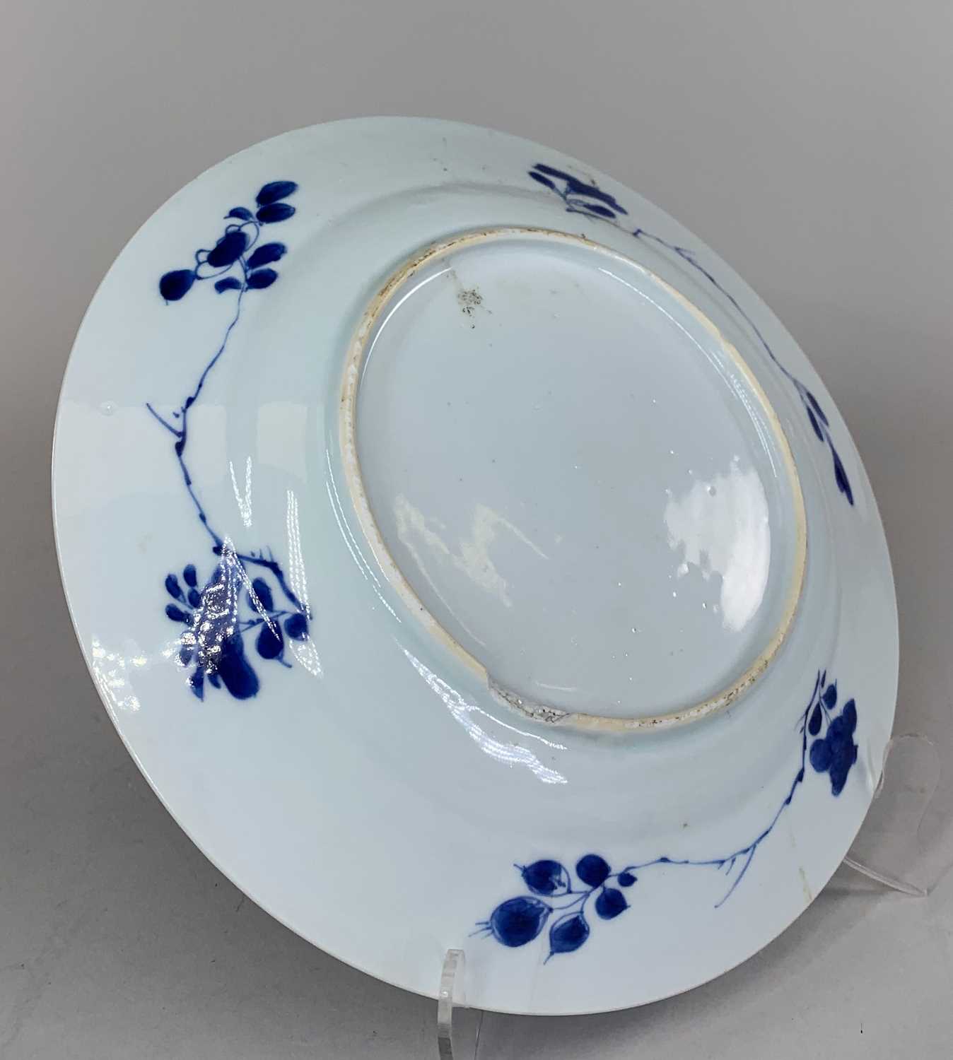 PAIR CHINESE BLUE & WHITE DISHES, 18th C, painted with central cusped roundel of boy on a pavilion - Image 6 of 7