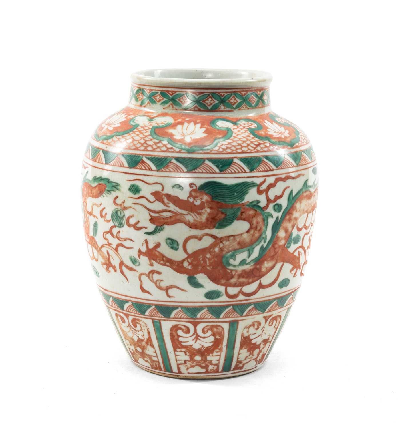 CHINESE WUCAI JAR, painted in iron red and green with four-clawed dragons pursuing pearls, lotus,