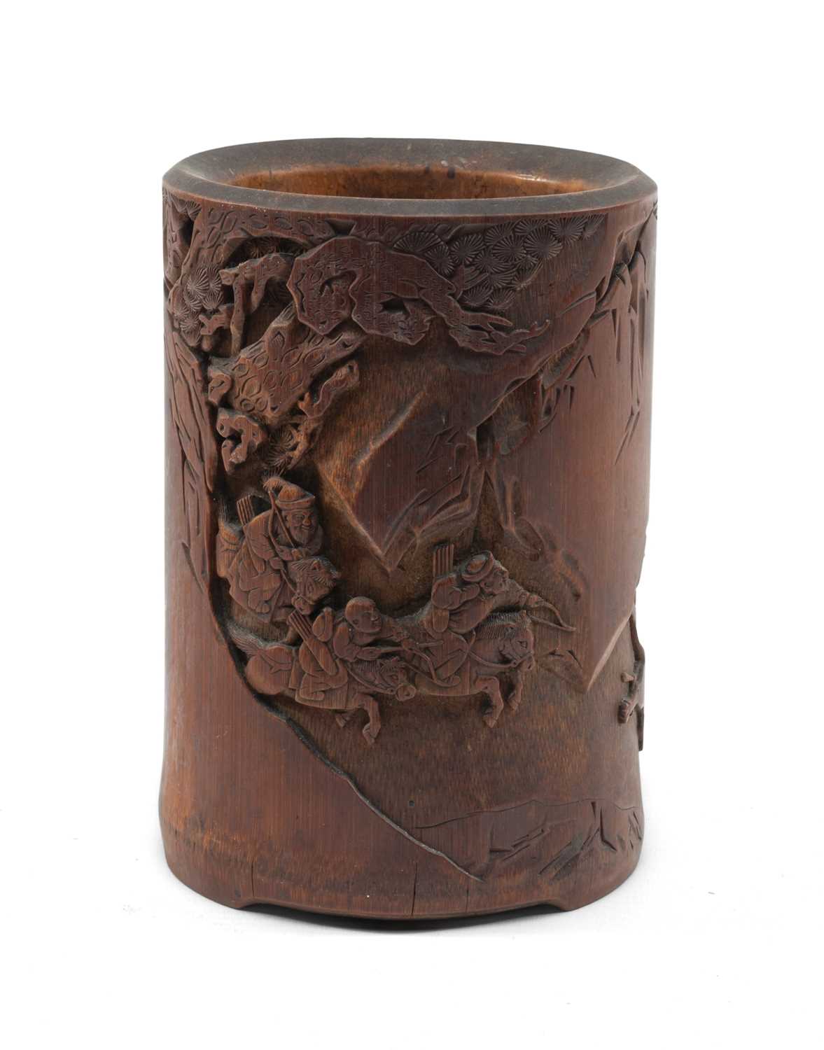 CHINESE BAMBOO BRUSHPOT, Qing Dynasty, carved with a continuous frieze depicting a tiger hunt, on - Image 2 of 13
