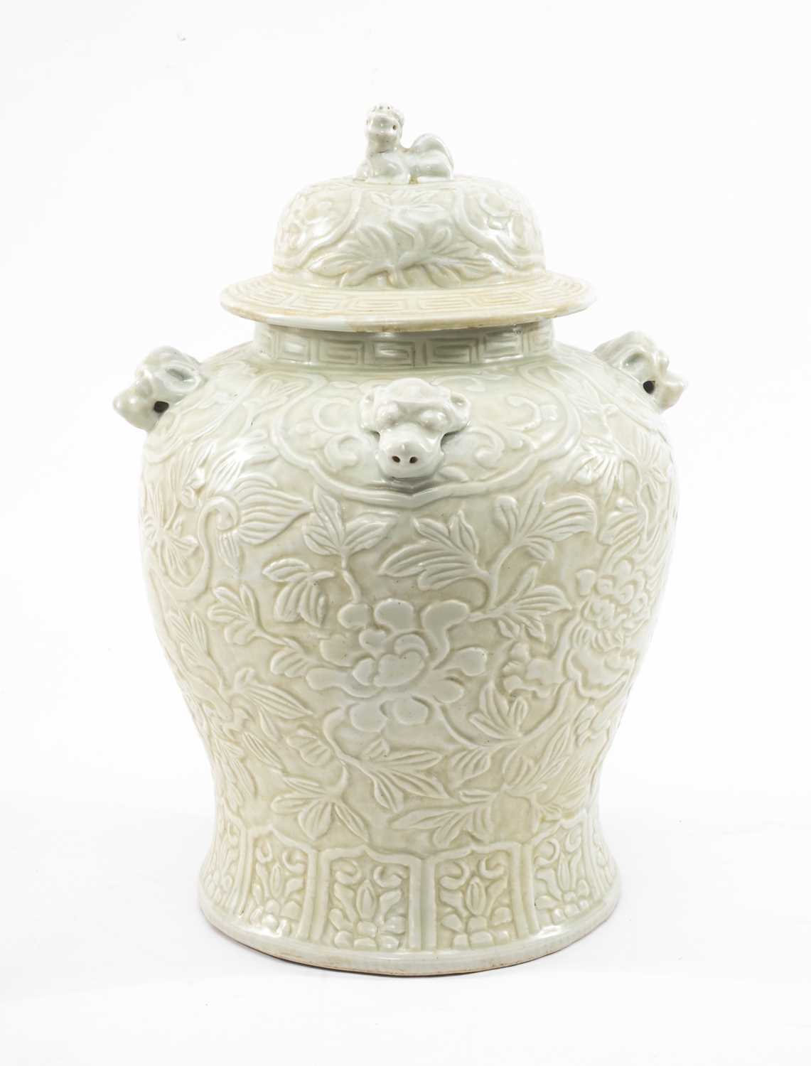 CHINESE MING-STYLE JAR & COVER, decorated in shallow relief with foliage, base with apocryphal 6-