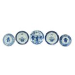 FIVE CHINESE BLUE & WHITE DISHES, comprising 'Sanxing' Star Gods saucer, 19.5cms diam., two 'Shou-
