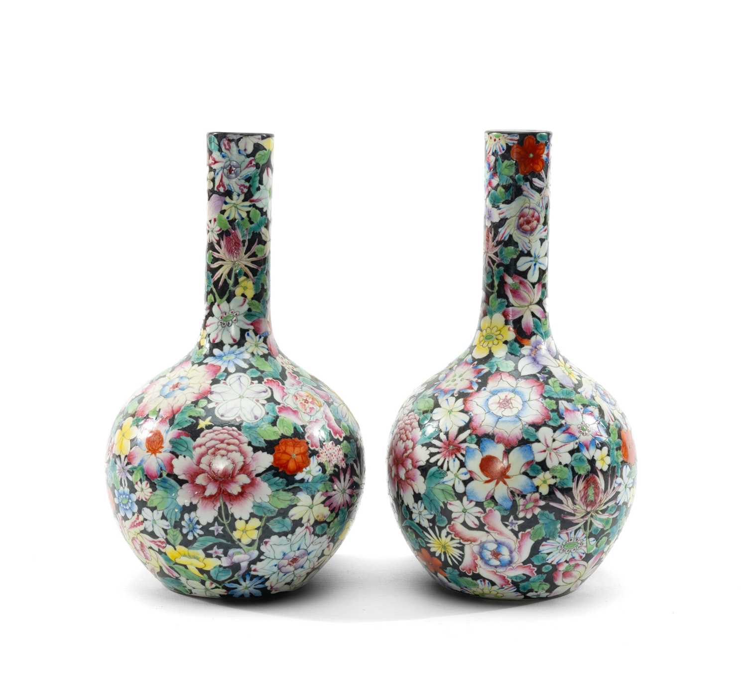 PAIR CHINESE FAMILLE ROSE 'MILLE FLEURS' VASES, Republic or later, bottle form profusely enamelled