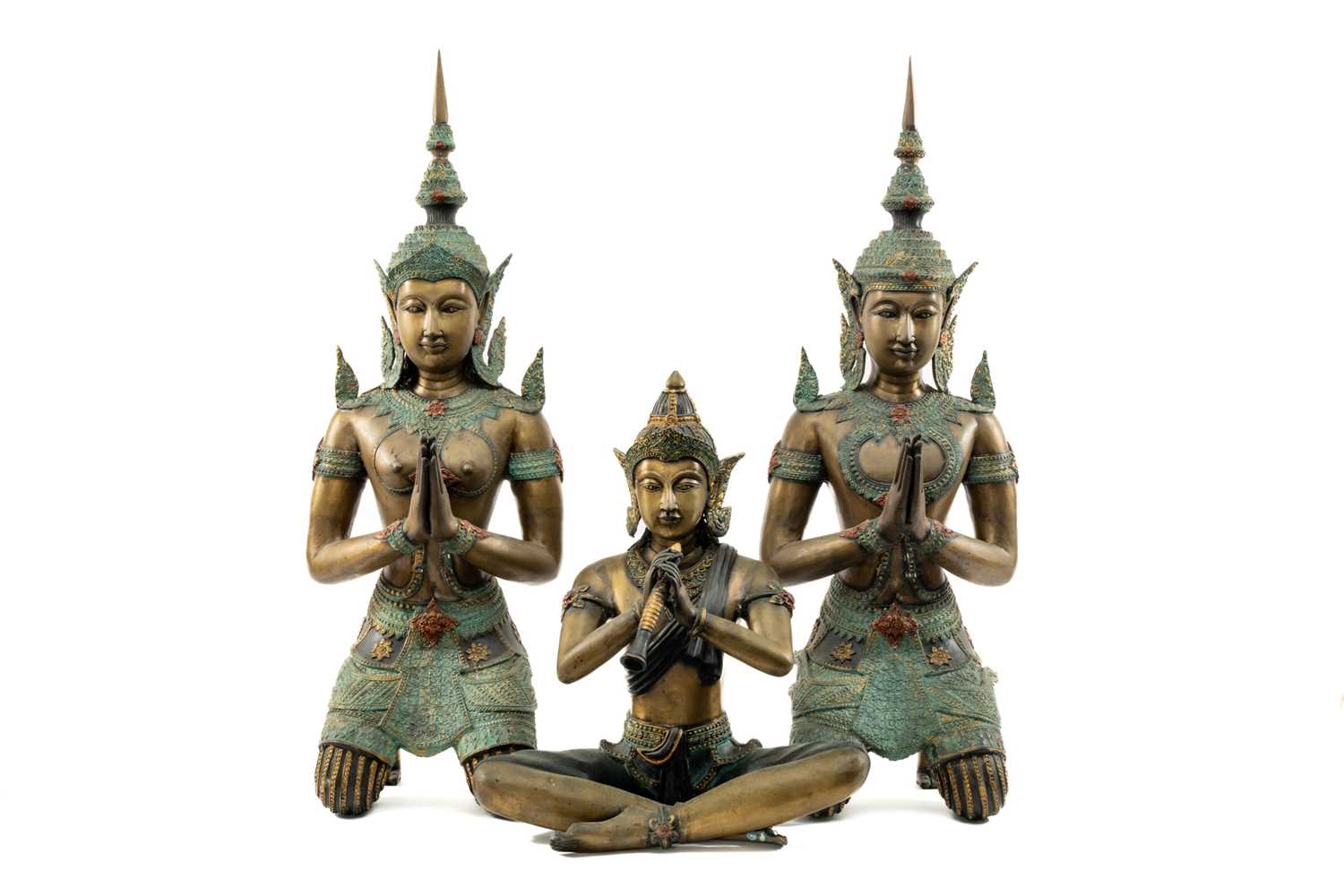 THREE THAI PATINATED BRONZE FIGURES, comprising large pair male and female kneeling Teppanom figures