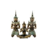 THREE THAI PATINATED BRONZE FIGURES, comprising large pair male and female kneeling Teppanom figures