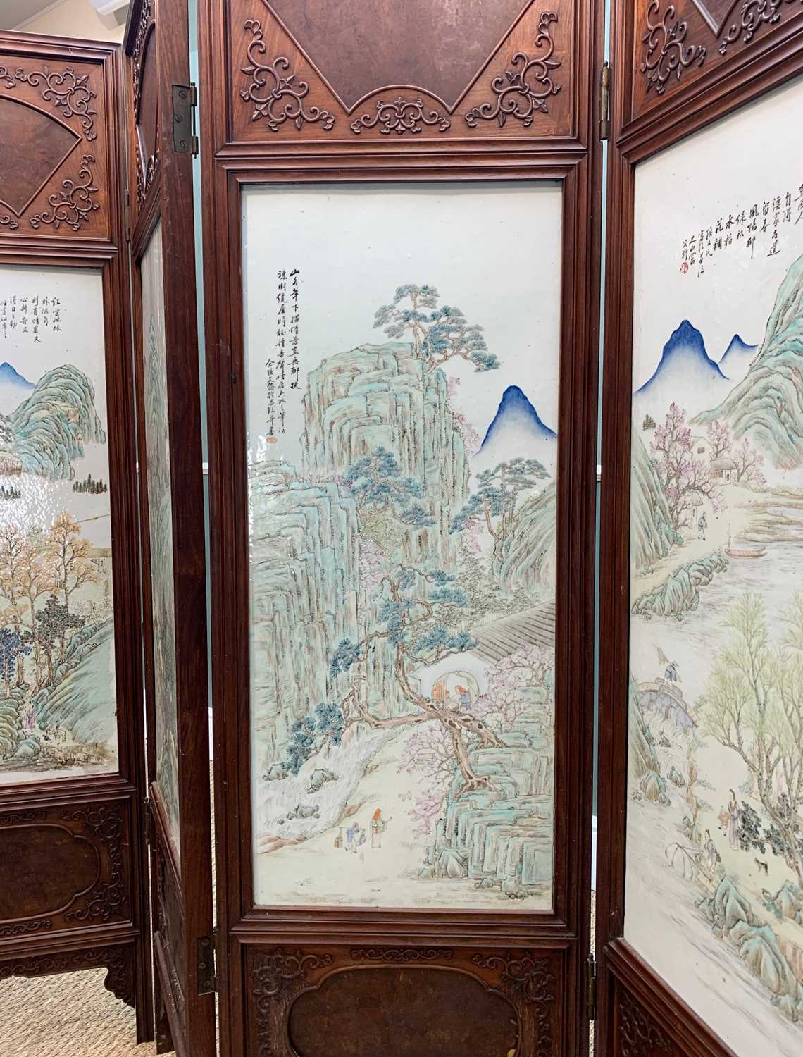 CHINESE PORCELAIN MOUNTED FOUR-LEAF HARDWOOD SCREEN, late Qing Dynasty, each leaf mounted with a - Image 3 of 53