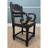 RARE ANGLO-INDIAN EBONY ARMCHAIR, 19th Century, Coromandel Coast, carved allover in shallow relief