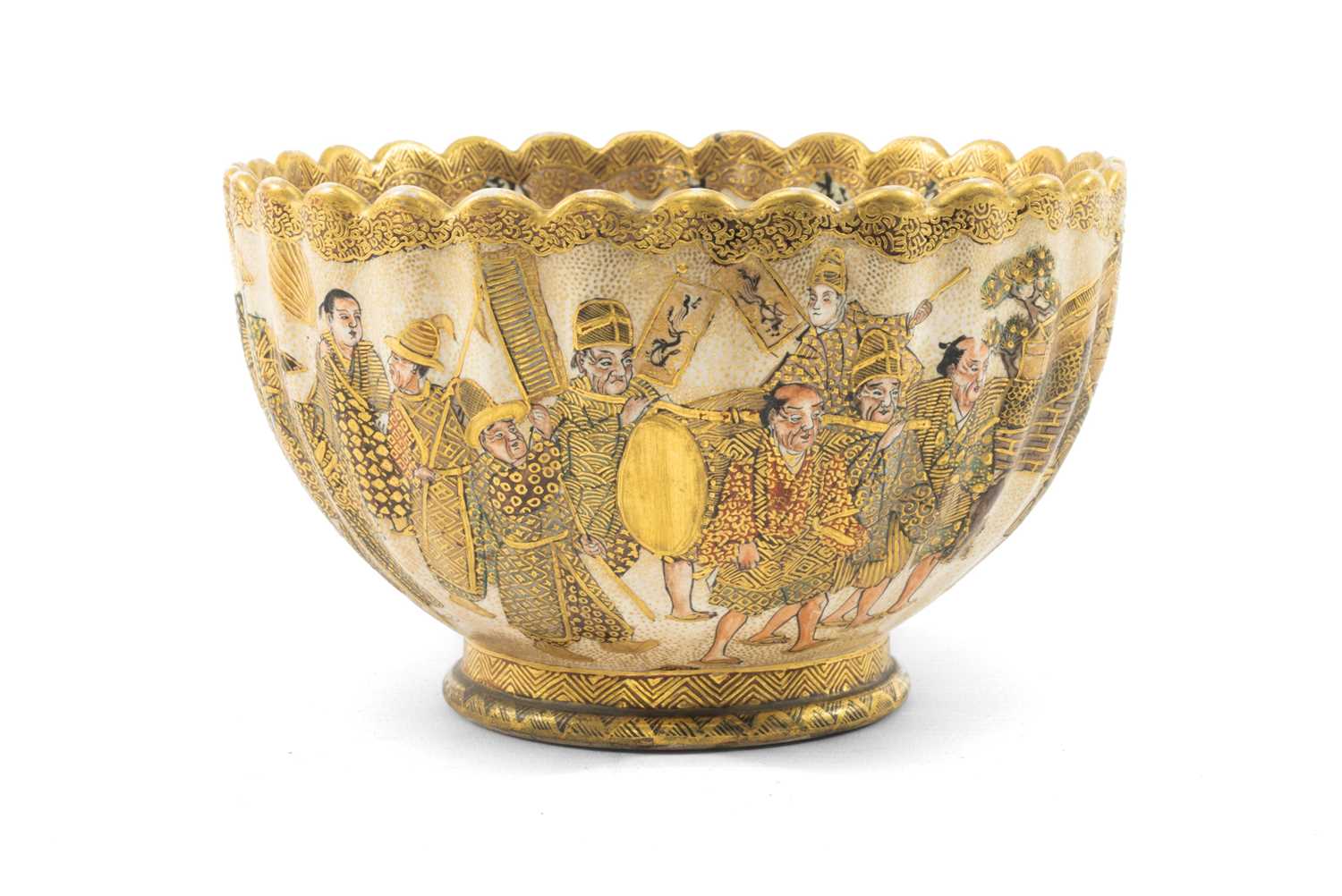 JAPANESE SATSUMA KIKUGATA BOWL, Meiji Period, inside painted with the Shichifukjin below