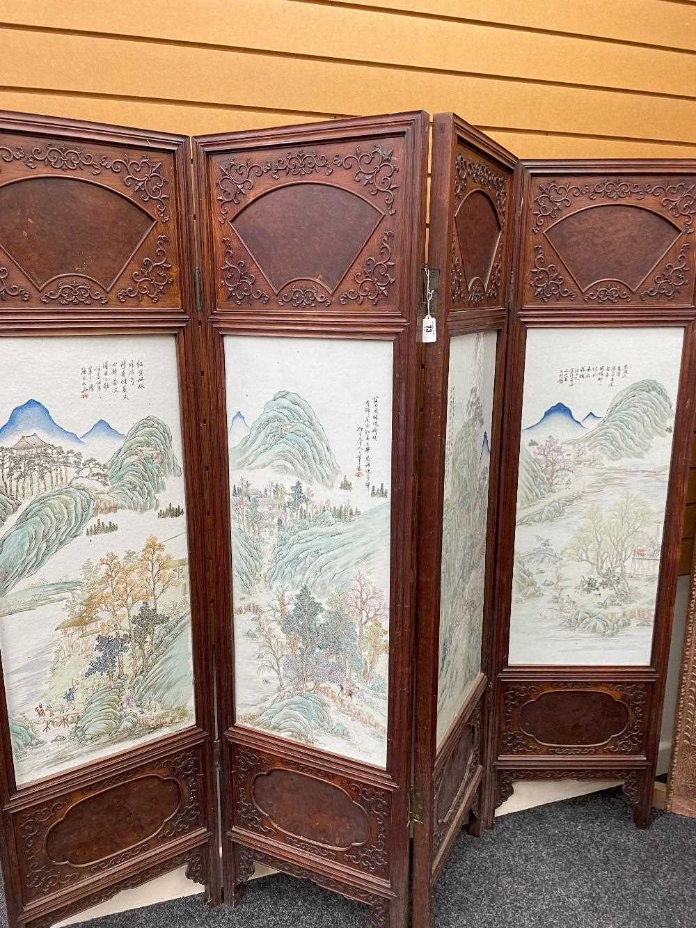 CHINESE PORCELAIN MOUNTED FOUR-LEAF HARDWOOD SCREEN, late Qing Dynasty, each leaf mounted with a - Image 39 of 53