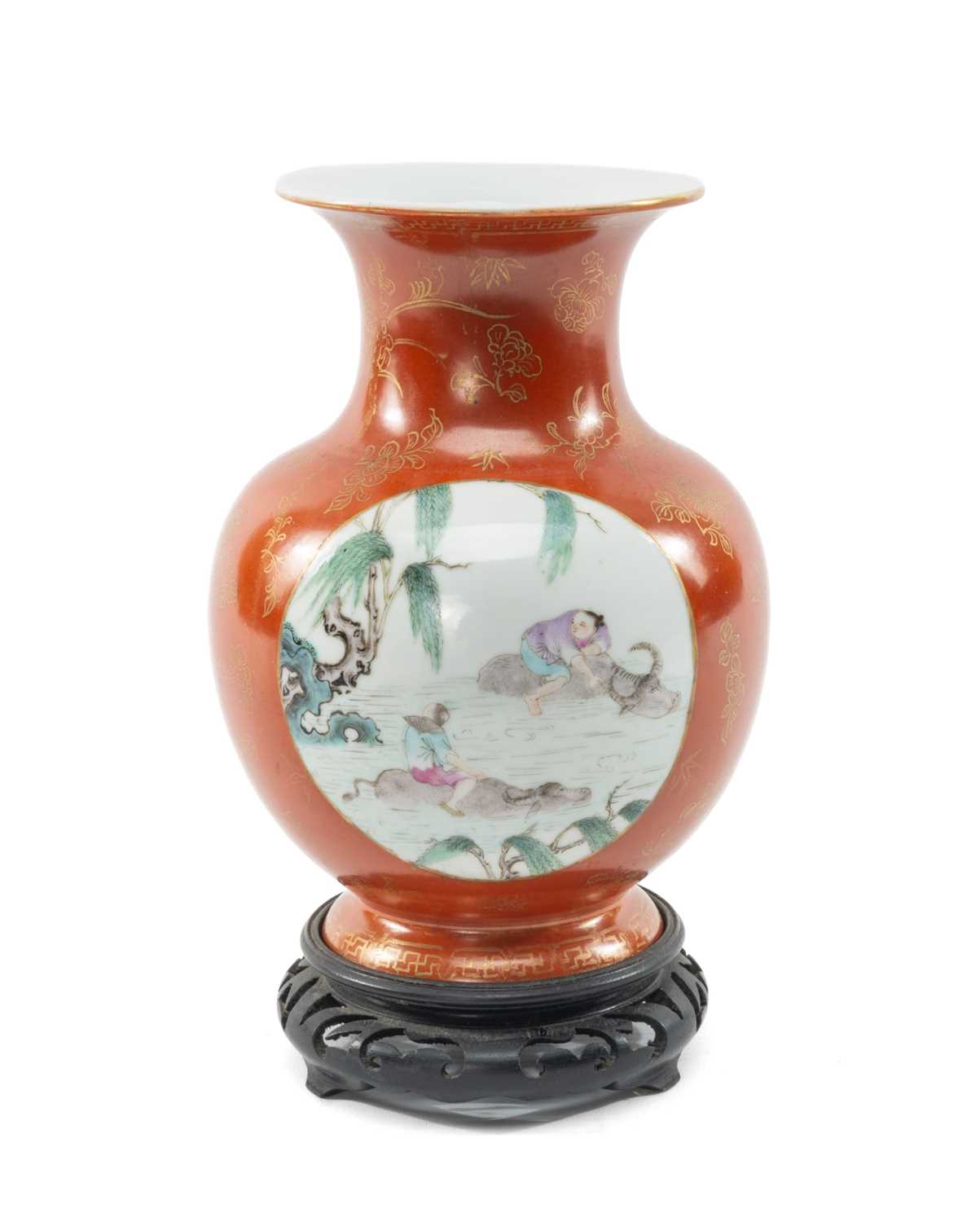 CHINESE CORAL GROUND FAMILLE ROSE VASE, Republic, painted with two panels depicting buffalo boys and - Image 2 of 27