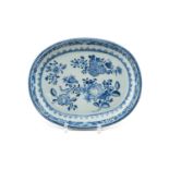 CHINESE BLUE & WHITE OVAL DISH, Qianlong, painted with flower sprigs within multiple diaper and