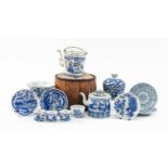 ASSORTED CHINESE BLUE & WHITE PORCELAIN, including two cylindrical teapots (one in bamboo