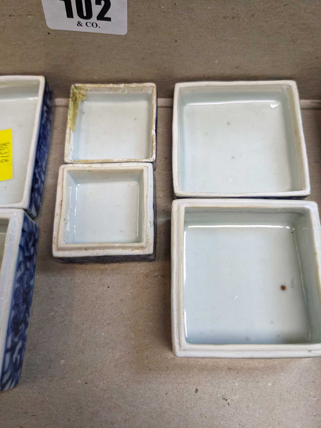 SIX CHINESE COSMETICS BOXES, comprising five blue and white, largest 6.5 (w) x 4.5 (d) x 3.5cms (h), - Image 2 of 7