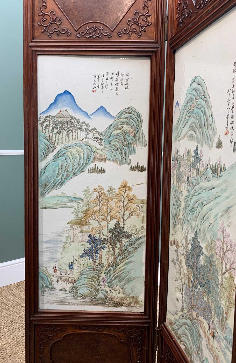 CHINESE PORCELAIN MOUNTED FOUR-LEAF HARDWOOD SCREEN, late Qing Dynasty, each leaf mounted with a - Image 4 of 53