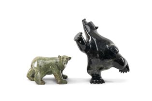 MOSESEE POOTOOGOOK, dark  and light green steatite - Polar Bears, one standing on one leg, the other