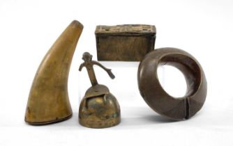 ASSORTED WEST AFRICAN METALWARE & HORN POWDER FLASK, comprising heavy penannular bronze currency