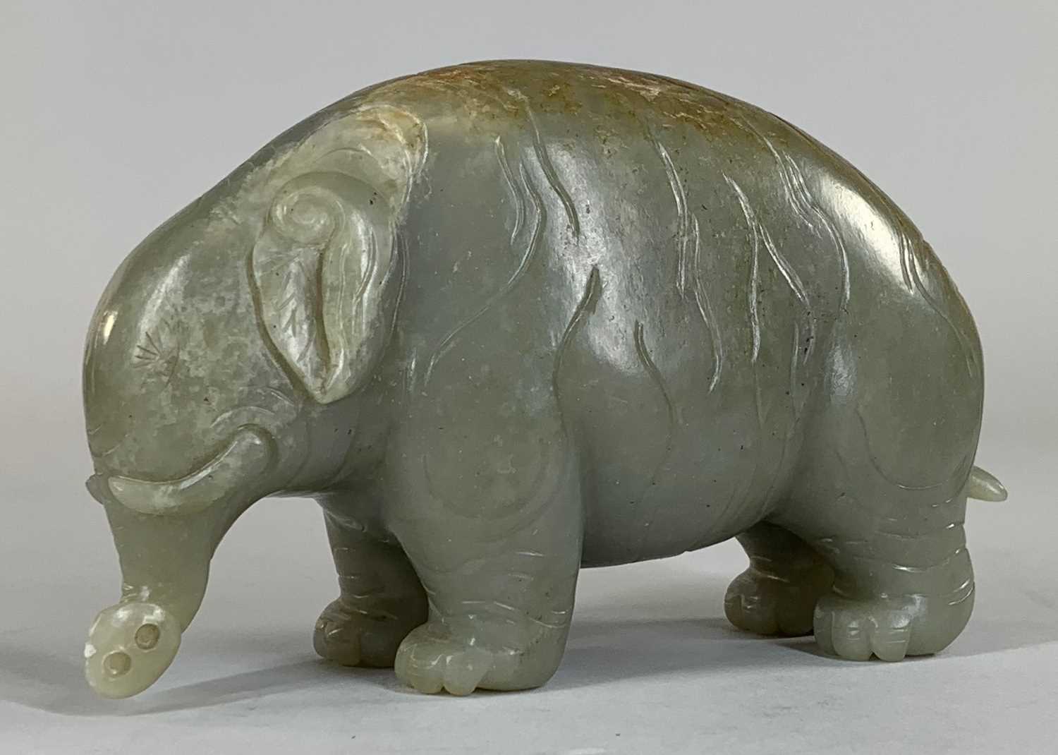 CHINESE CELADON JADE CARVING OF AN ASIAN ELEPHANT, late Qing Dynasty, standing with head lowered and - Image 5 of 17