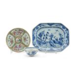 THREE CHINESE PORCELAIN ITEMS, including 18th C. blue and white canted rectangular platter painted