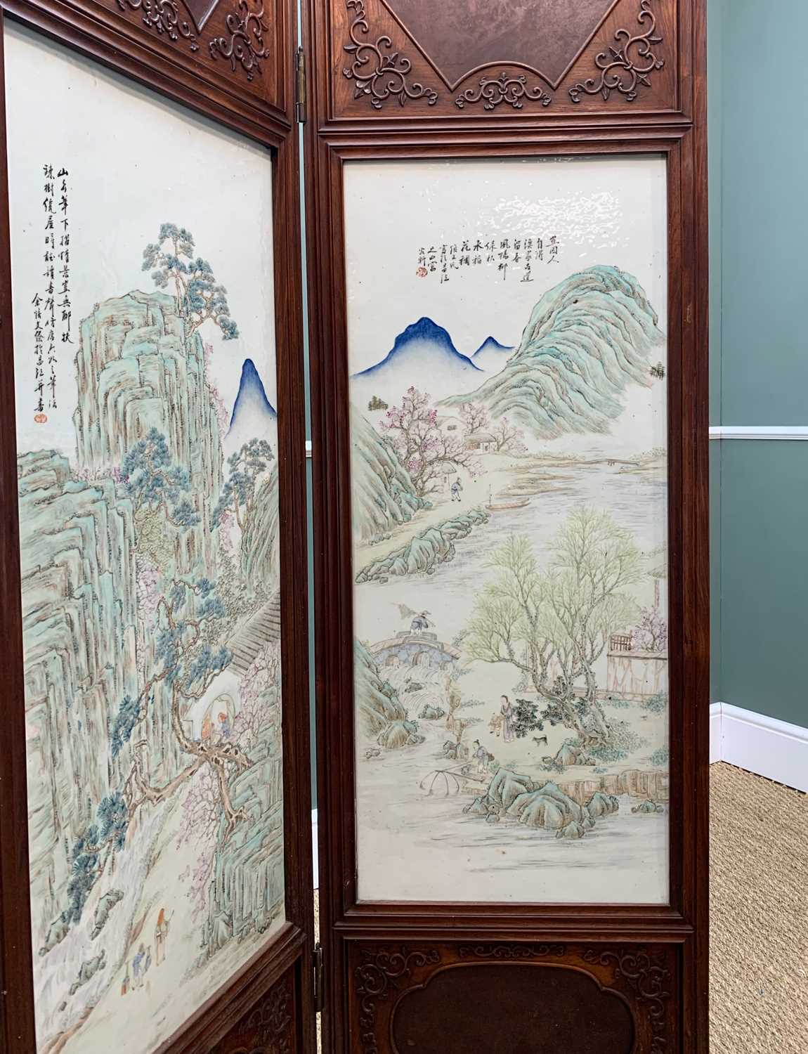CHINESE PORCELAIN MOUNTED FOUR-LEAF HARDWOOD SCREEN, late Qing Dynasty, each leaf mounted with a - Image 5 of 53