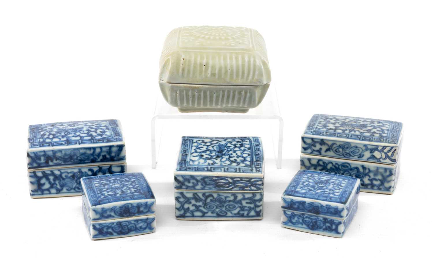 SIX CHINESE COSMETICS BOXES, comprising five blue and white, largest 6.5 (w) x 4.5 (d) x 3.5cms (h),