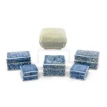 SIX CHINESE COSMETICS BOXES, comprising five blue and white, largest 6.5 (w) x 4.5 (d) x 3.5cms (h),