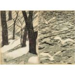 MASAHARU AOYAMA (Japanese, 1893-1969) woodblock prints -'Seagulls' and 'Trees in Snow', signed