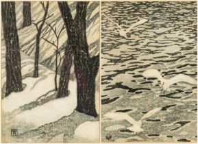 MASAHARU AOYAMA (Japanese, 1893-1969) woodblock prints -'Seagulls' and 'Trees in Snow', signed