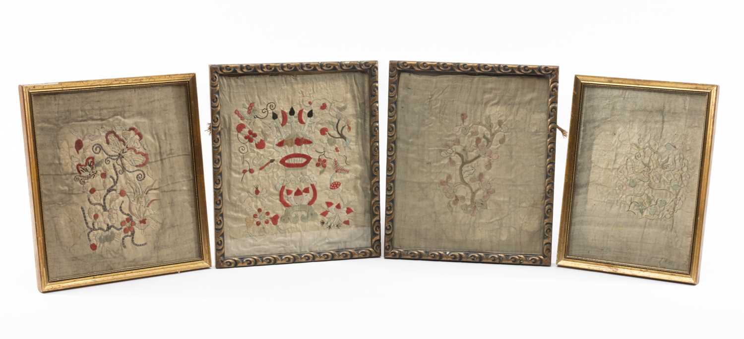 FOUR CHINESE SILK EMBROIDERED PANELS, largest 22 x 18cms, all framed (4) Provenance: deceased estate