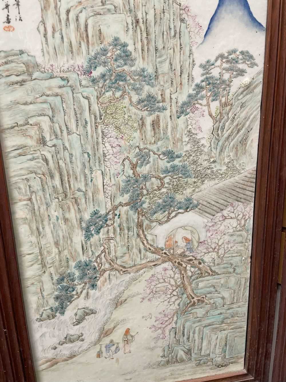CHINESE PORCELAIN MOUNTED FOUR-LEAF HARDWOOD SCREEN, late Qing Dynasty, each leaf mounted with a - Image 32 of 53