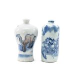 TWO CHINESE PORCELAIN SNUFF BOTTLES, including baluster copper red and blue and white bottle painted