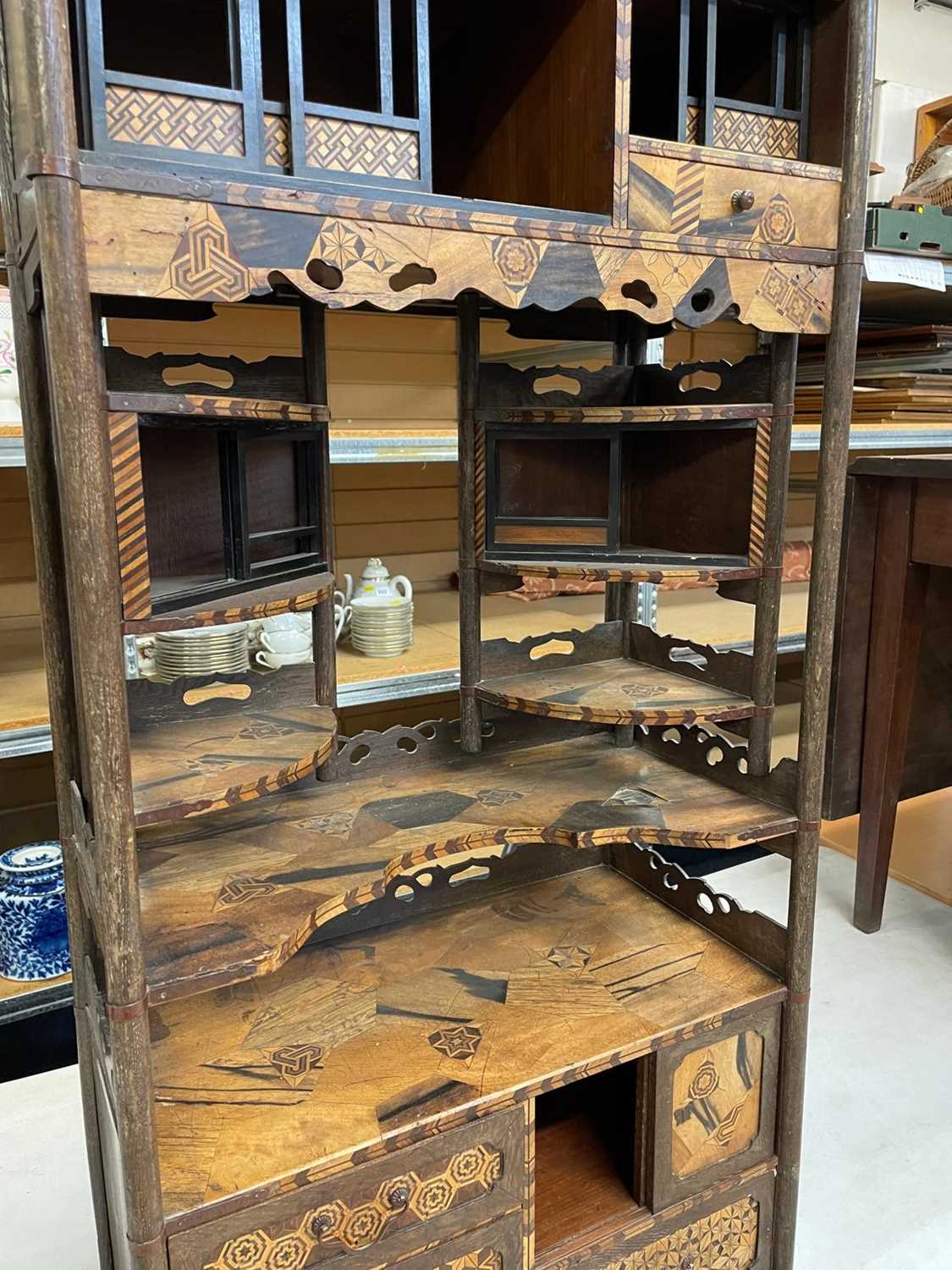 JAPANESE PARQUETRY SHODANA, Meiji Period, fitted with an arrangement of shelves, sliding doors, - Image 9 of 18