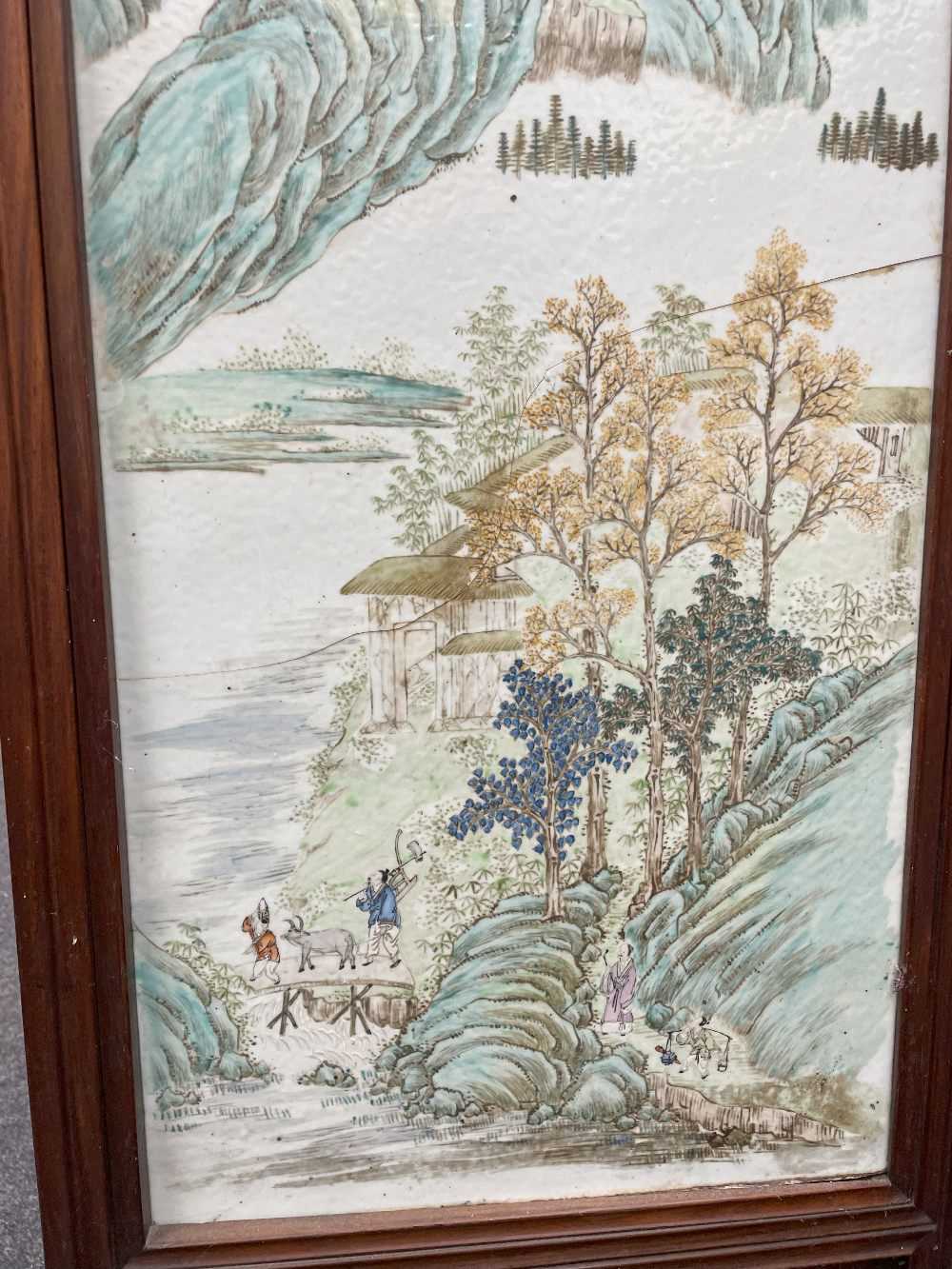 CHINESE PORCELAIN MOUNTED FOUR-LEAF HARDWOOD SCREEN, late Qing Dynasty, each leaf mounted with a - Image 13 of 53