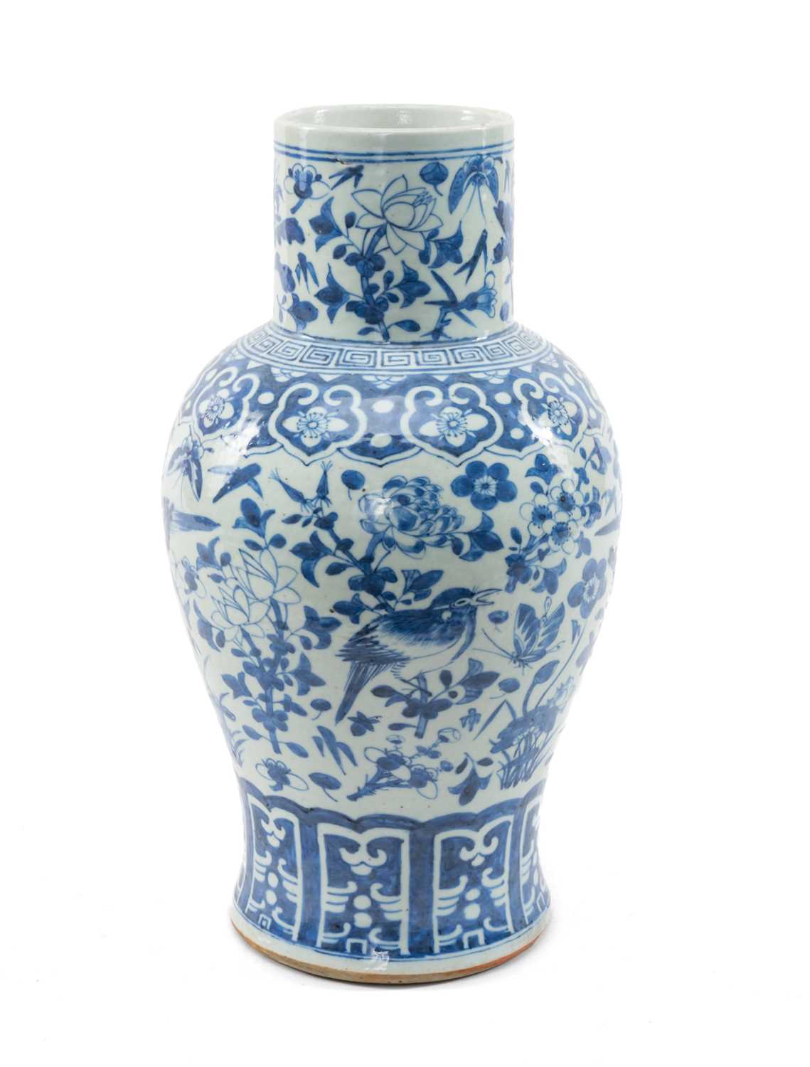 CHINESE BLUE & WHITE BALUSTER VASE, late Qing Dynasty, painted with flowers, insects and birds,