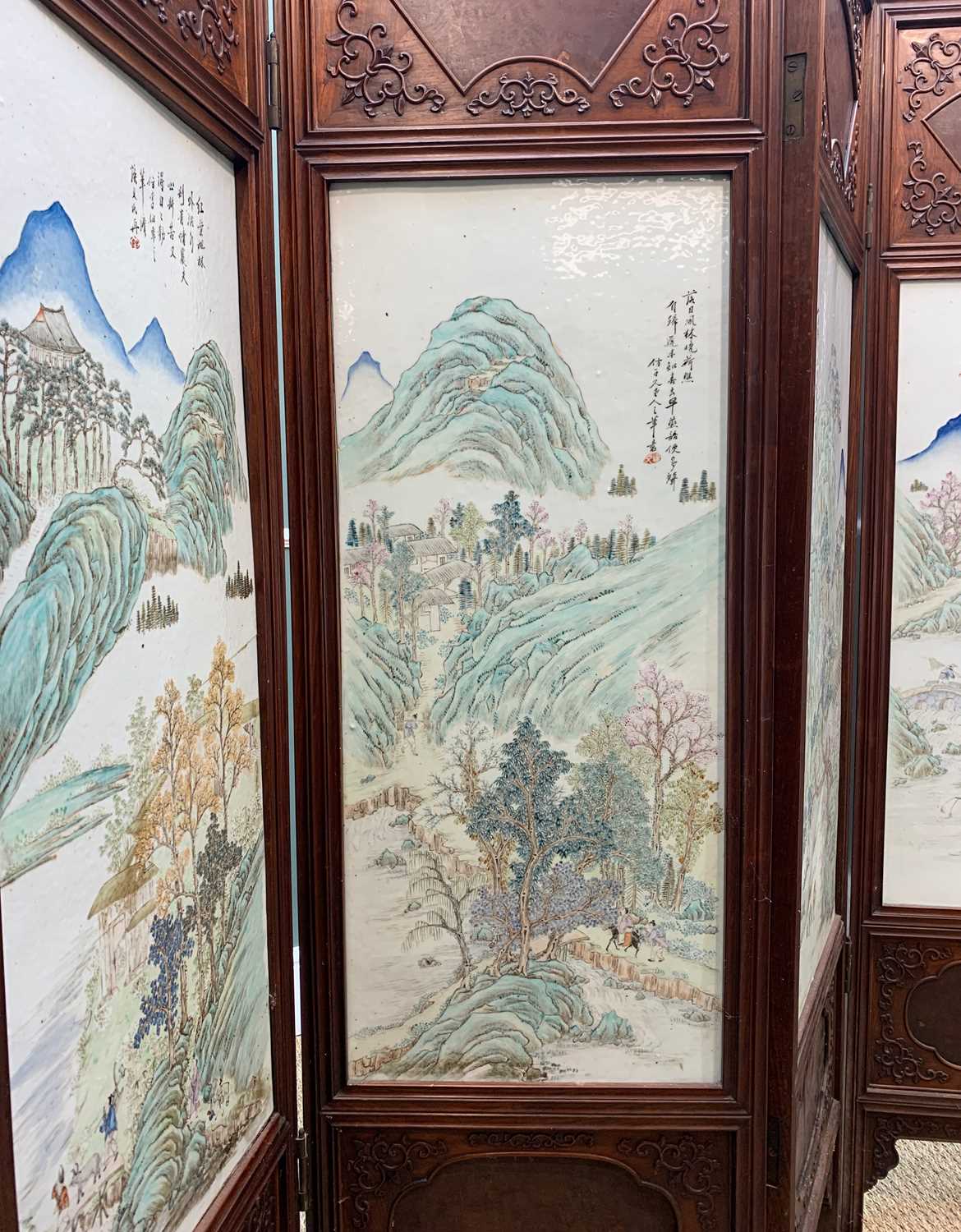 CHINESE PORCELAIN MOUNTED FOUR-LEAF HARDWOOD SCREEN, late Qing Dynasty, each leaf mounted with a - Image 2 of 53
