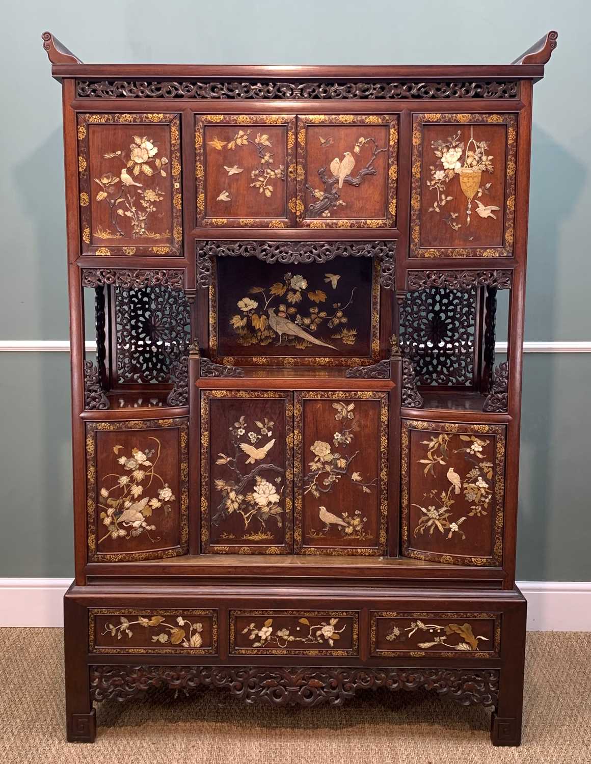 JAPANESE SHIBAYAMA SHODANA, Meiji Period, fitted with inlaid and laquered doors and panels of birds,