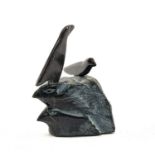 OHITO ASHOONA, dark steatite - Two ravens on a rock, base signed in syllabics, Cape Dorset, 2011,