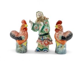 THREE CHINESE PORCELAIN FIGURES, including pair famille rose cockerels 20cms (h), and famille