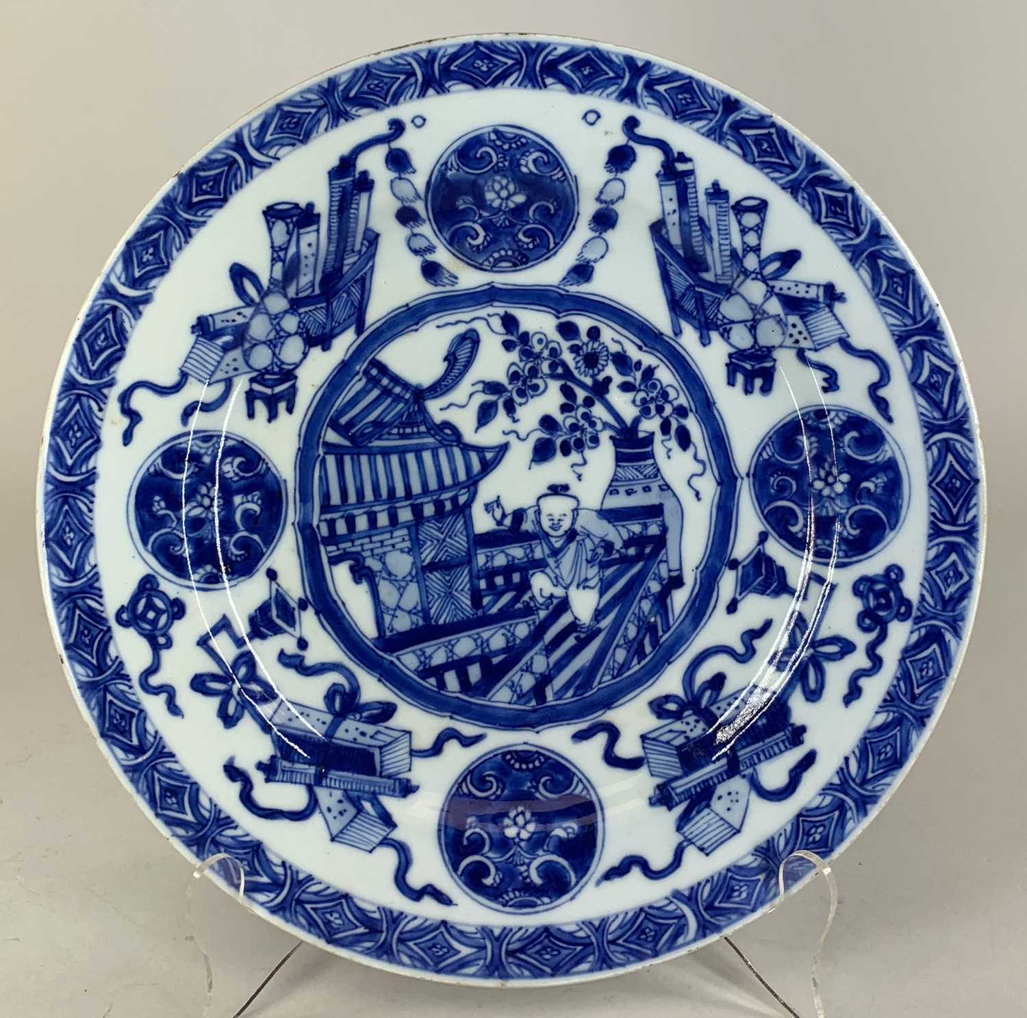 PAIR CHINESE BLUE & WHITE DISHES, 18th C, painted with central cusped roundel of boy on a pavilion - Image 5 of 7