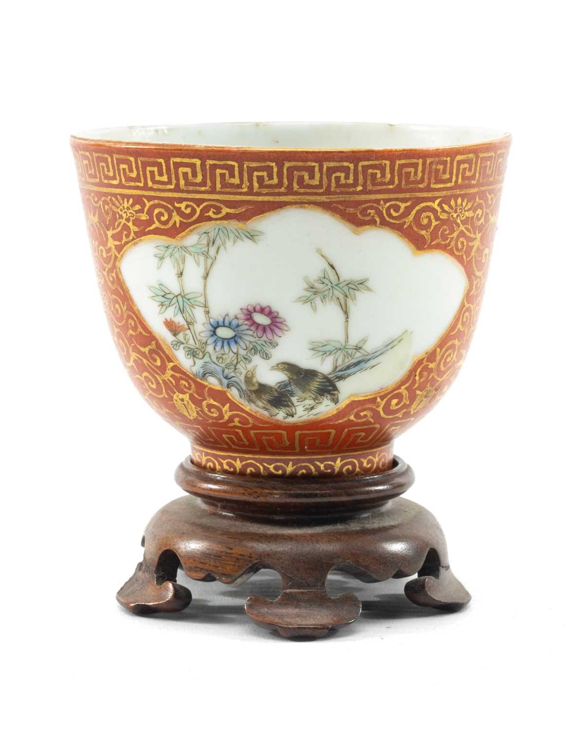 CHINESE CORAL GROUND FAMILLE ROSE TEABOWL, painted with birds and cockerel amid chrysanthemum and