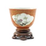 CHINESE CORAL GROUND FAMILLE ROSE TEABOWL, painted with birds and cockerel amid chrysanthemum and