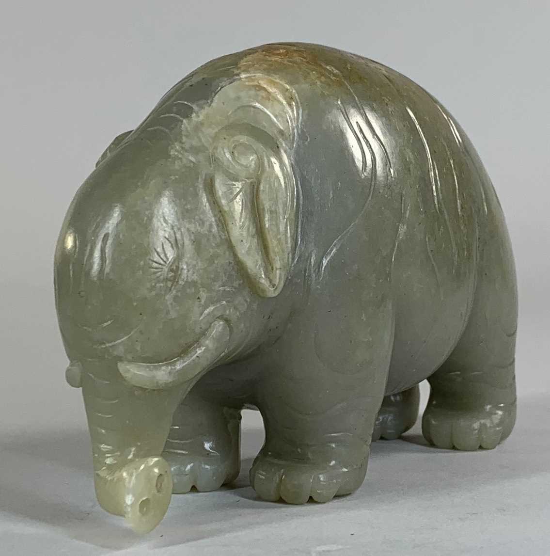 CHINESE CELADON JADE CARVING OF AN ASIAN ELEPHANT, late Qing Dynasty, standing with head lowered and - Image 6 of 17