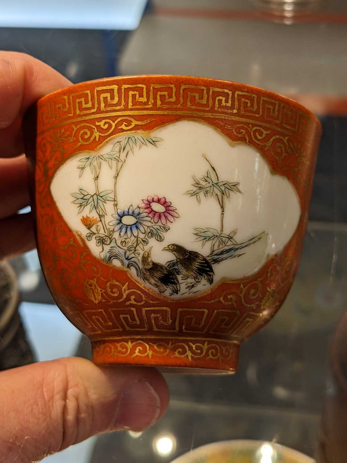 CHINESE CORAL GROUND FAMILLE ROSE TEABOWL, painted with birds and cockerel amid chrysanthemum and - Image 2 of 7