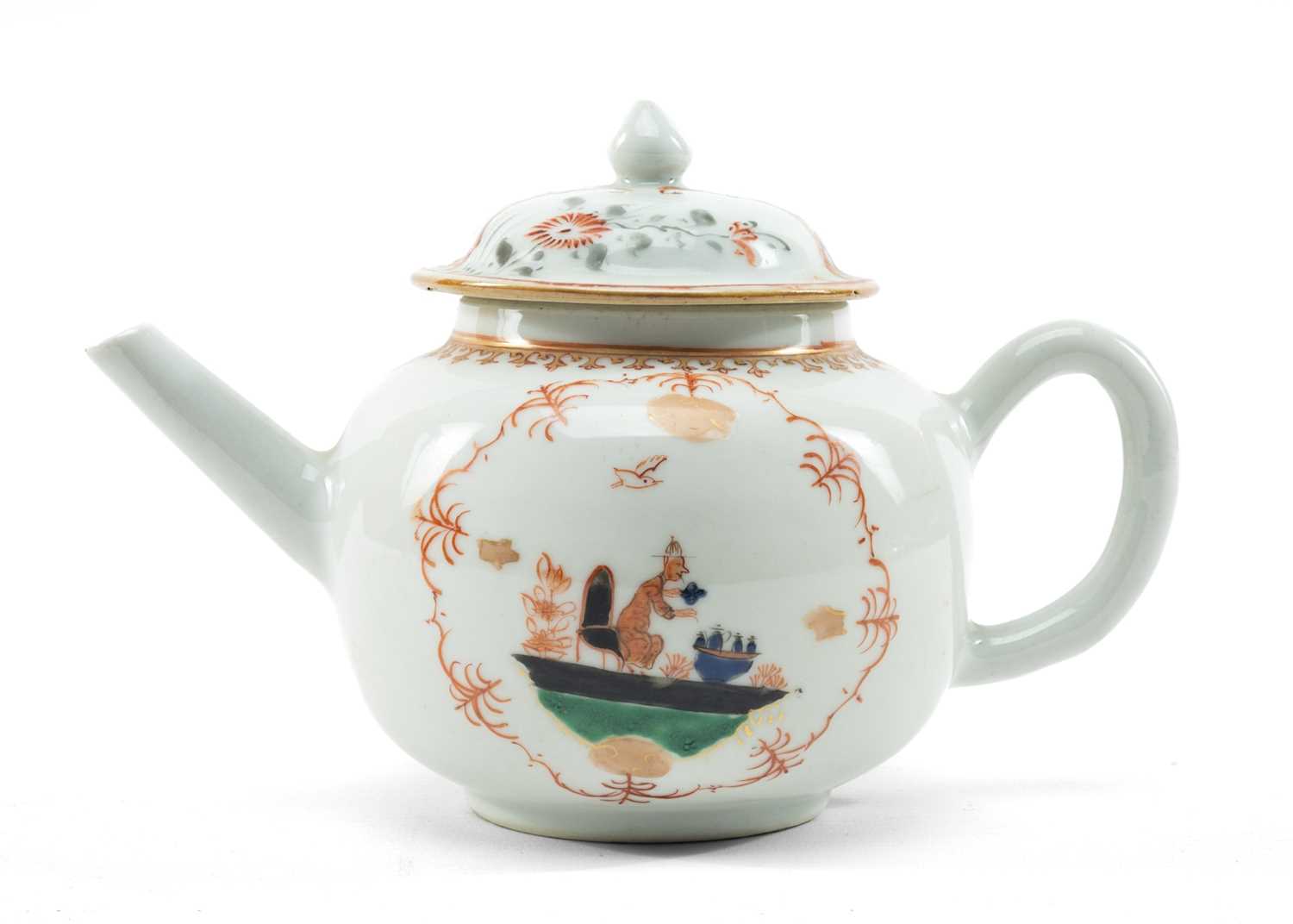 CHINESE EUROPEAN-SUBJECT FAMILLE VERTE TEAPOT & COVER, 18th C., of bullet form, decorated in the