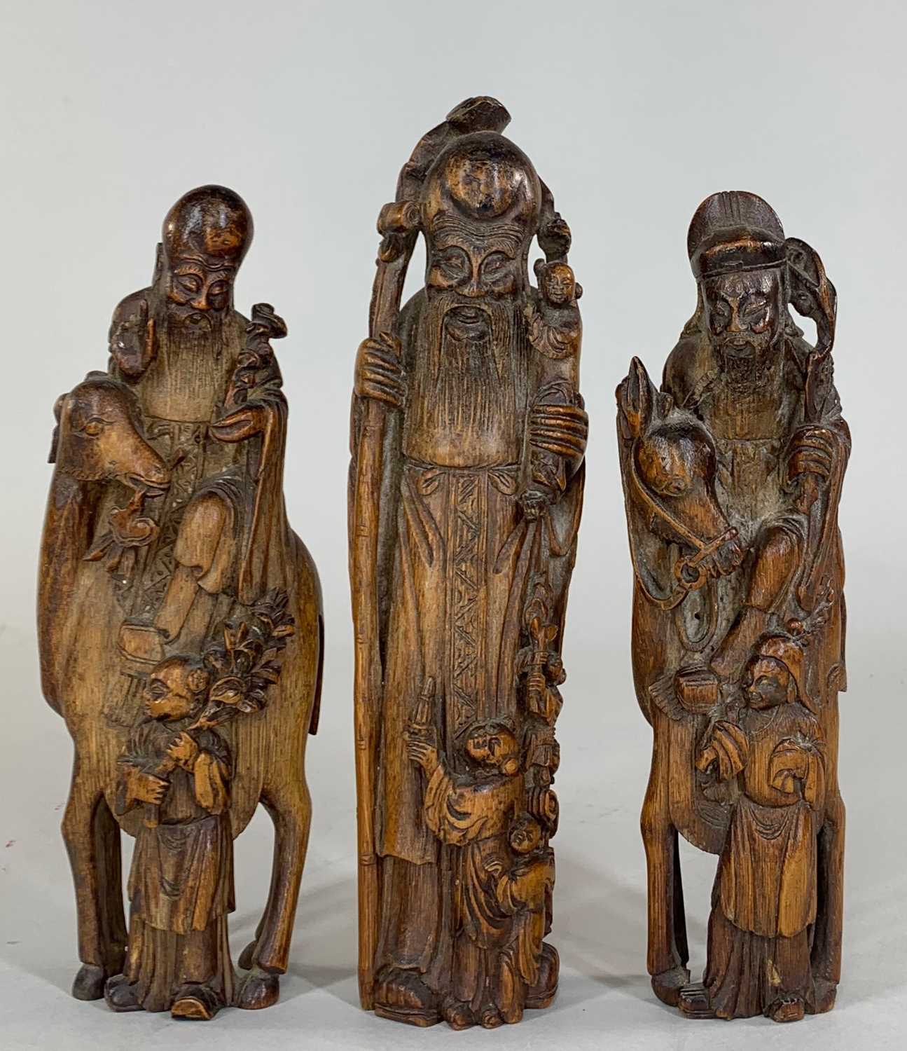 THREE CHINESE BAMBOO FIGURES OF IMMORTALS, late Qing dynasty, well carved and comprising CAO - Image 2 of 5