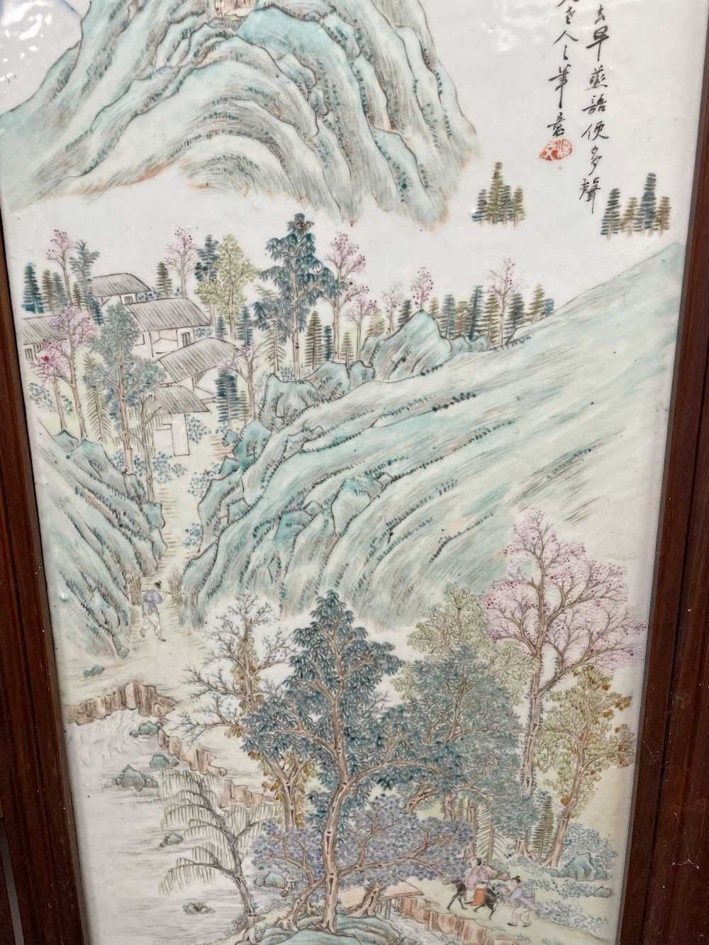 CHINESE PORCELAIN MOUNTED FOUR-LEAF HARDWOOD SCREEN, late Qing Dynasty, each leaf mounted with a - Image 26 of 53