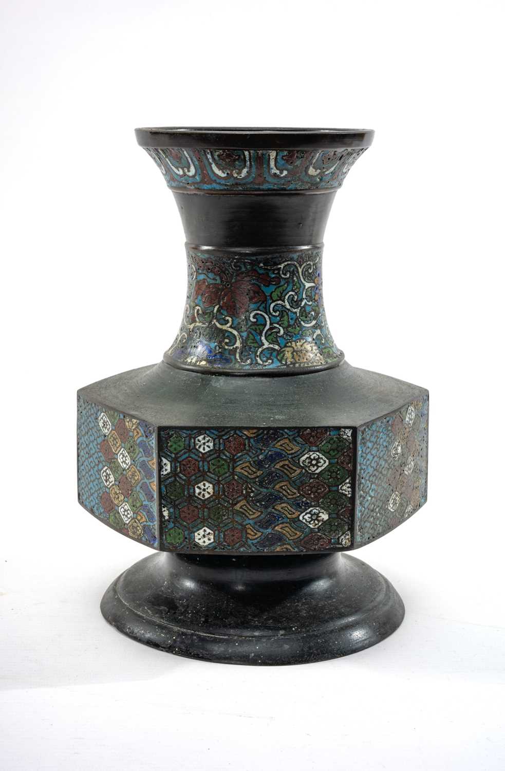 CHINESE CHAMPLEVE ENAMEL BRONZE VASE, bottle form with hexagonal section panelled body, circular