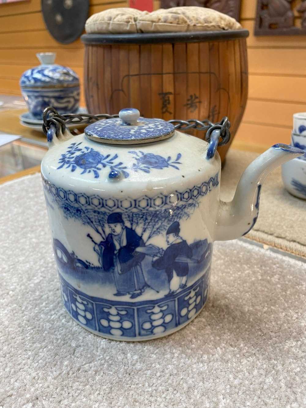 ASSORTED CHINESE BLUE & WHITE PORCELAIN, including two cylindrical teapots (one in bamboo - Image 9 of 29