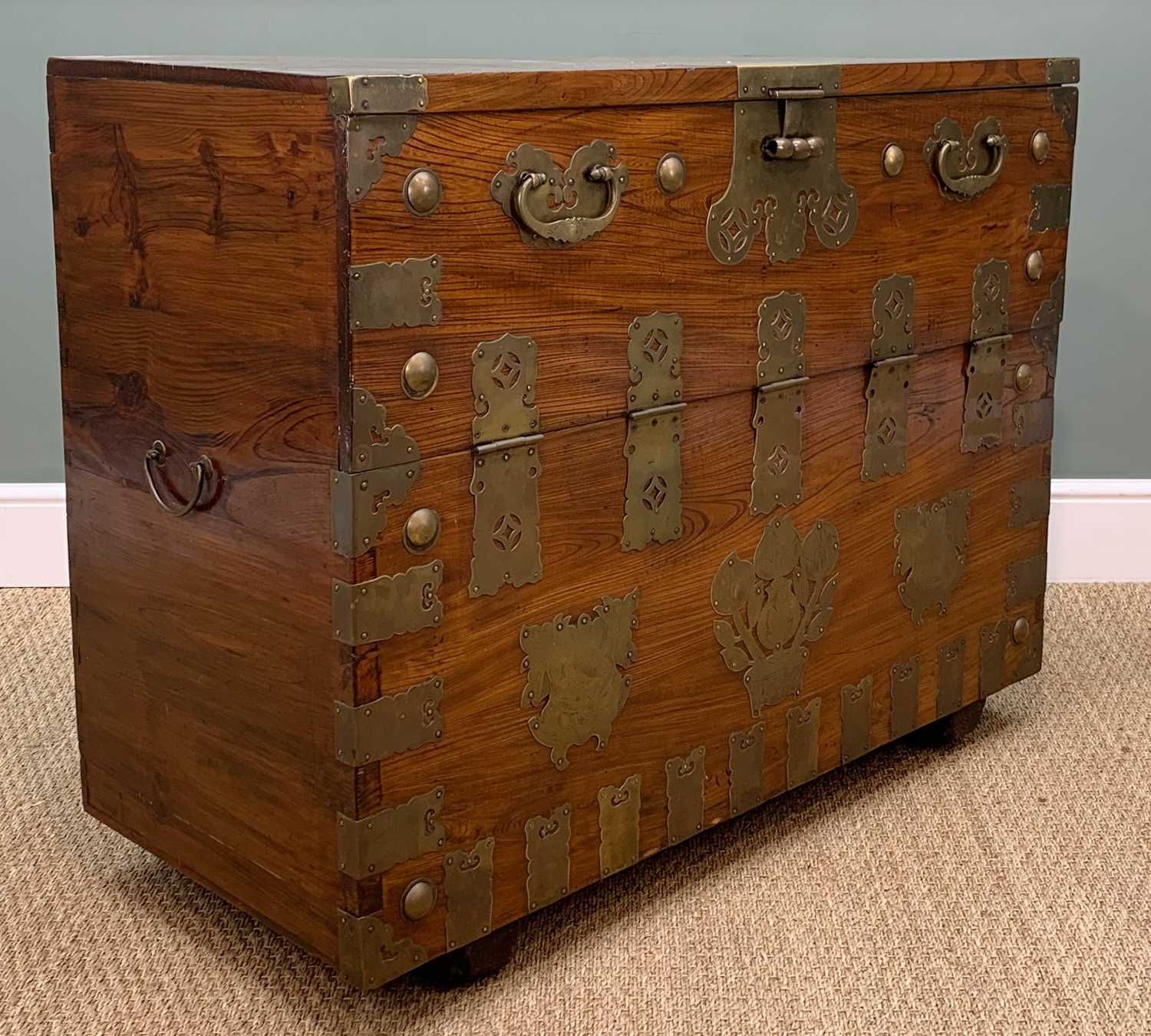 KOREAN ELM CHEST, 20th Century, with brass fittings, upper hinged panel door opeing to reveal - Image 2 of 7