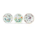 THREE CHINESE FAMILLE ROSE DISHES, comprising 'double quail' fluted dish with 4-character Qianlong