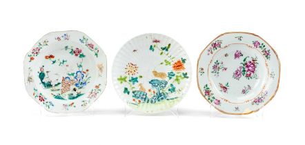 THREE CHINESE FAMILLE ROSE DISHES, comprising 'double quail' fluted dish with 4-character Qianlong